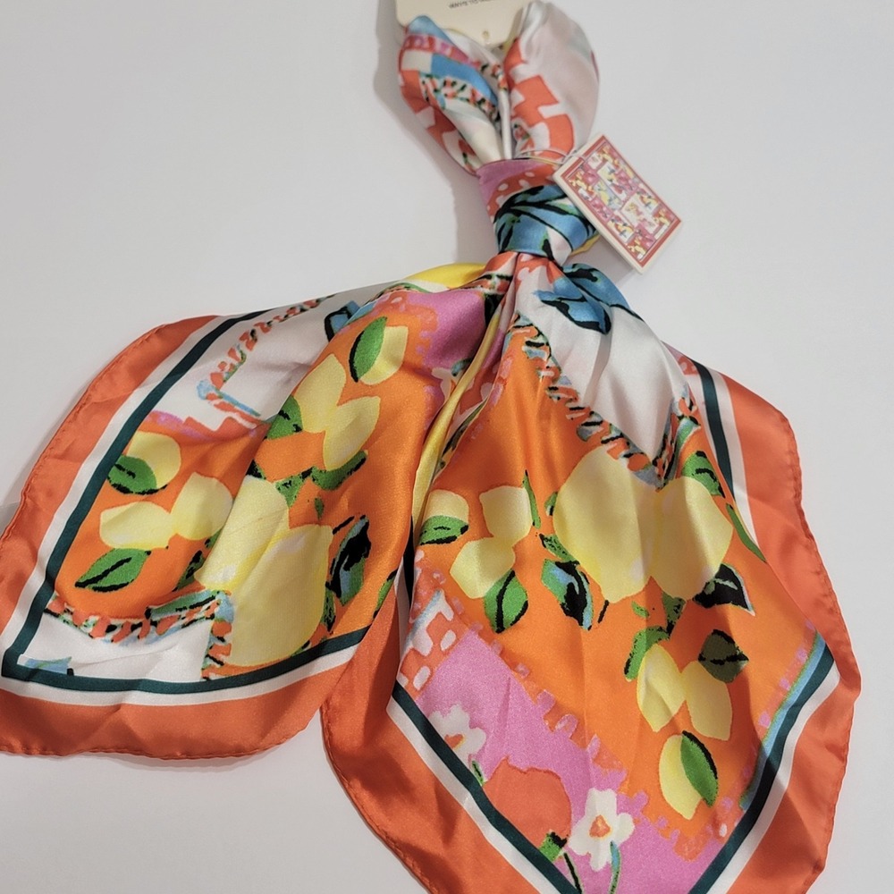 Piper K Scarf Lemons Tomato Citrus Retro Patchwork Vibrant Satin Feel NEW
